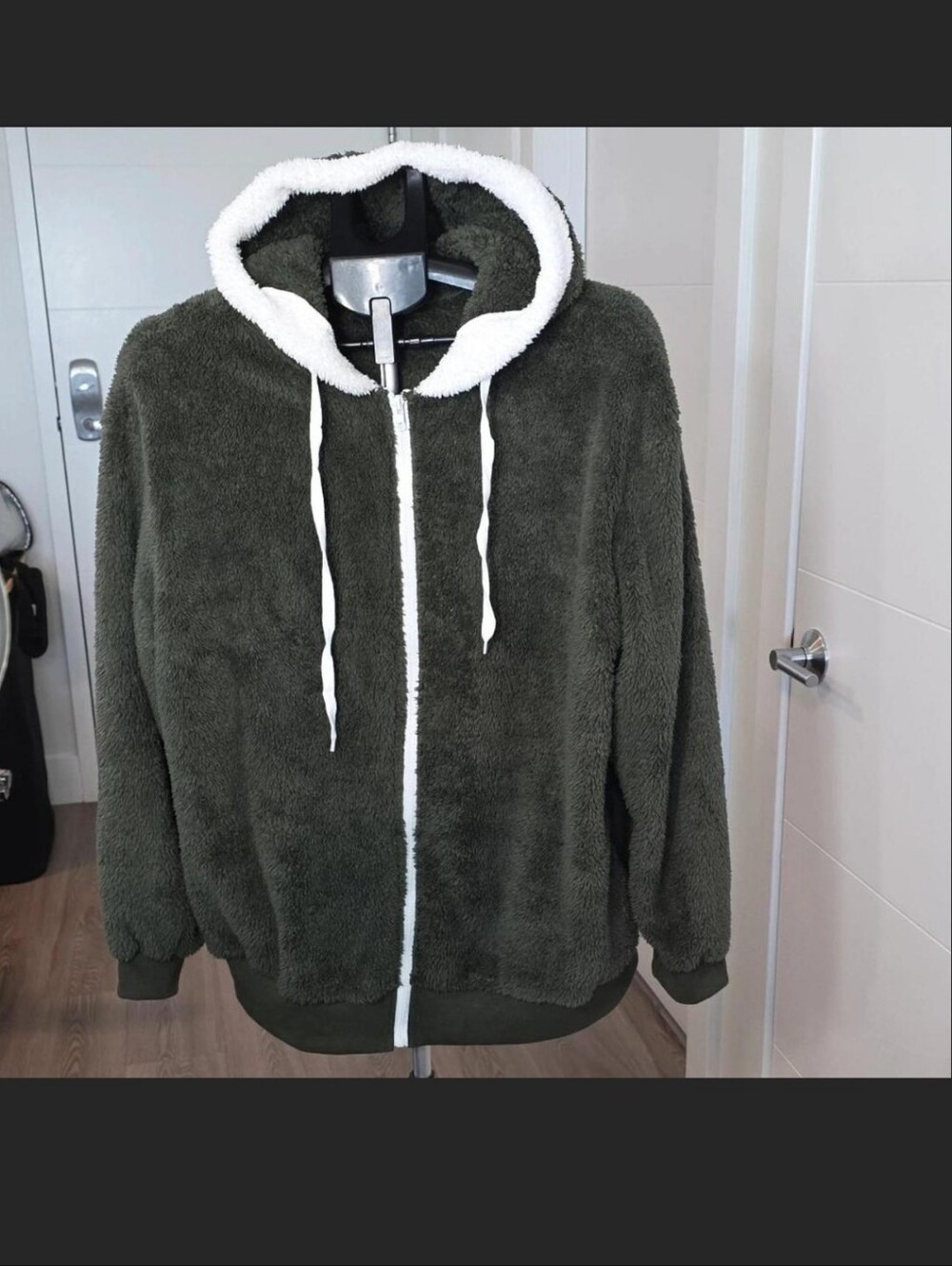 Olive Green Sherpa Zip-Up Hoodie with White Trim